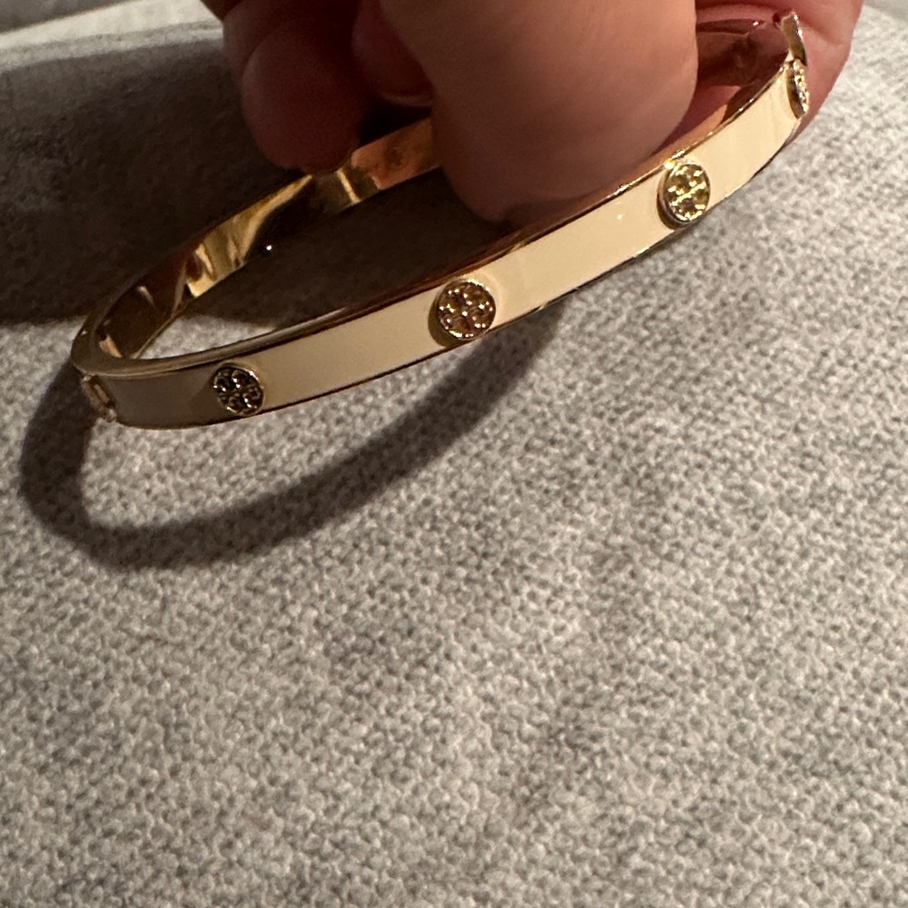 Tory bunch Gold Tone Cream Enamel Crystal Accent Bangle Bracelet